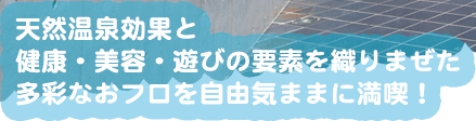 天然温泉効果と健康・美容・遊びの要素を織りまぜた多彩なおフロを自由気ままに満喫！